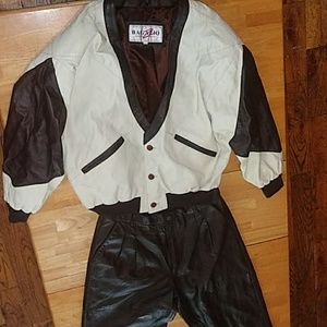 100%Italian Vintage leather cardigan and pant suit